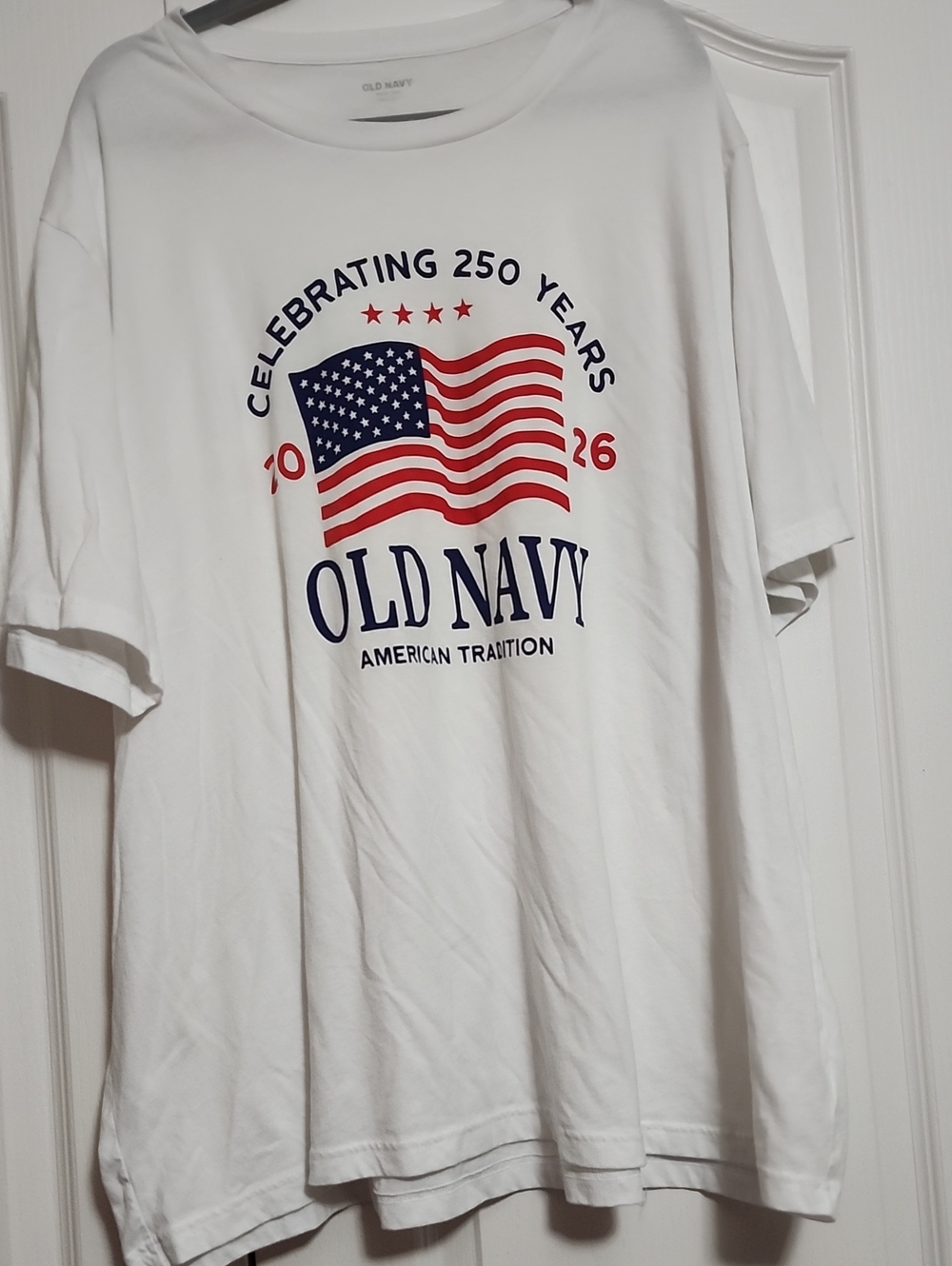 Old Navy White Short-Sleeve Graphic Tee with Red & Blue Flag
